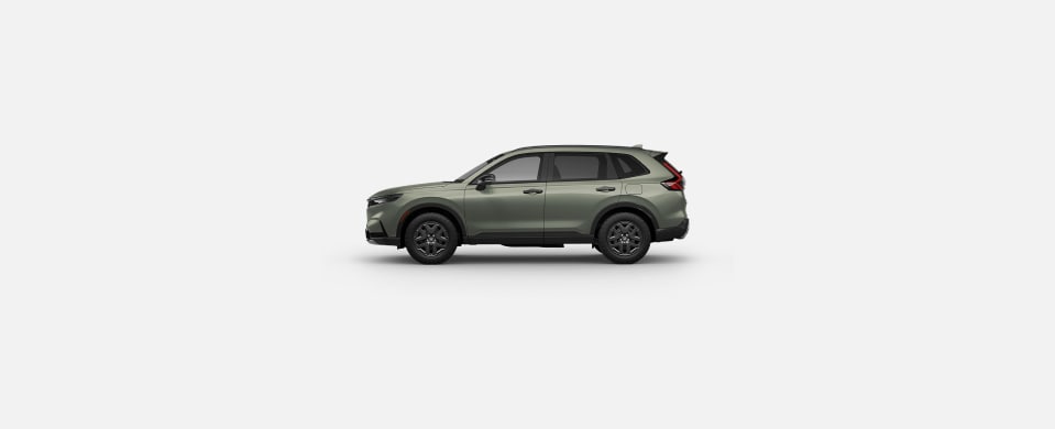 2026 Honda CR-V TrailSport Hybrid in Ash Green Metallic profile parked in a clean white studio setting (Compact Crossover SUV). 2026 Honda CR-V TrailSport Hybrid in Ash Green Metallic profile parked in a clean white studio setting (Compact Crossover SUV).