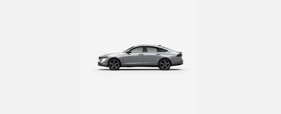 2026 Honda Accord Sport Hybrid in Solar Silver Metallic profile parked in a clean white studio setting (Mid-Size Sedan). 2026 Honda Accord Sport Hybrid in Solar Silver Metallic profile parked in a clean white studio setting (Mid-Size Sedan).