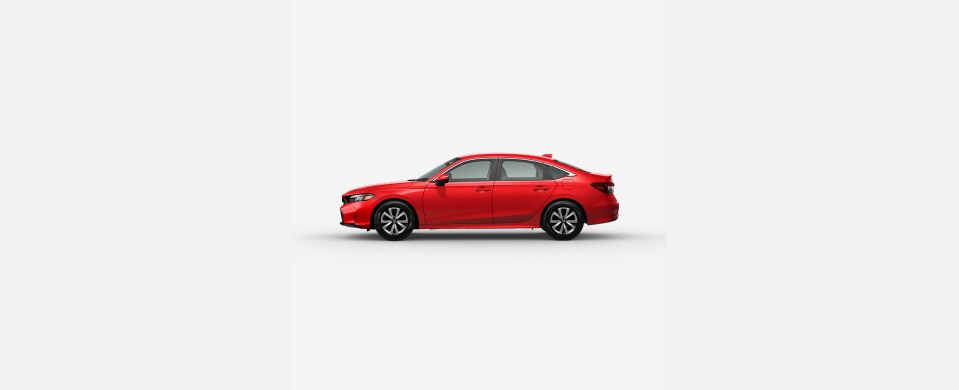 2026 Honda Civic Sedan LX in Rallye Red rofile parked in a clean white studio setting (Compact Sedan). 2026 Honda Civic Sedan LX in Rallye Red rofile parked in a clean white studio setting (Compact Sedan).