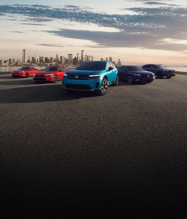2026 Honda Electrification lineup parked with the city far in the background, showing Prelude, Civic Sedan, Prologue, Accord and CR-V.