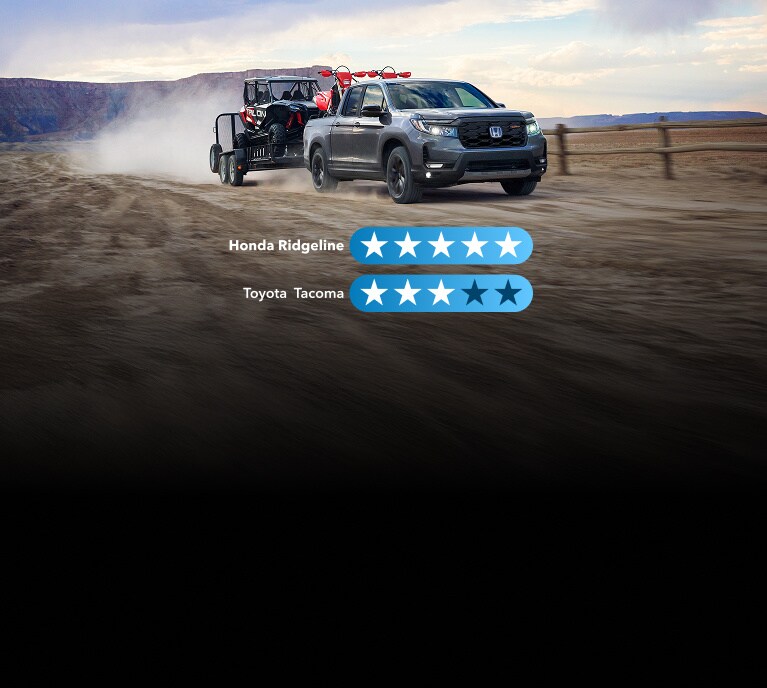 2026 Honda Ridgeline Trailsport in Modern Steel Metallic drives through a dirt field, carrying 2 dirt bikes in the flat bed and towing a Honda Talon on a trailer. 2026 Honda Ridgeline Trailsport in Modern Steel Metallic drives through a dirt field, carrying 2 dirt bikes in the flat bed and towing a Honda Talon on a trailer.