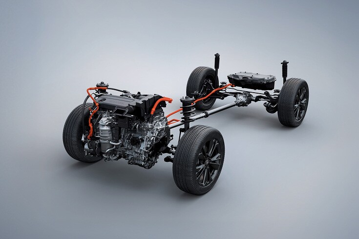 2026 Honda detail of the hybrid powertrain, engine, and all-wheel drive chassis system.