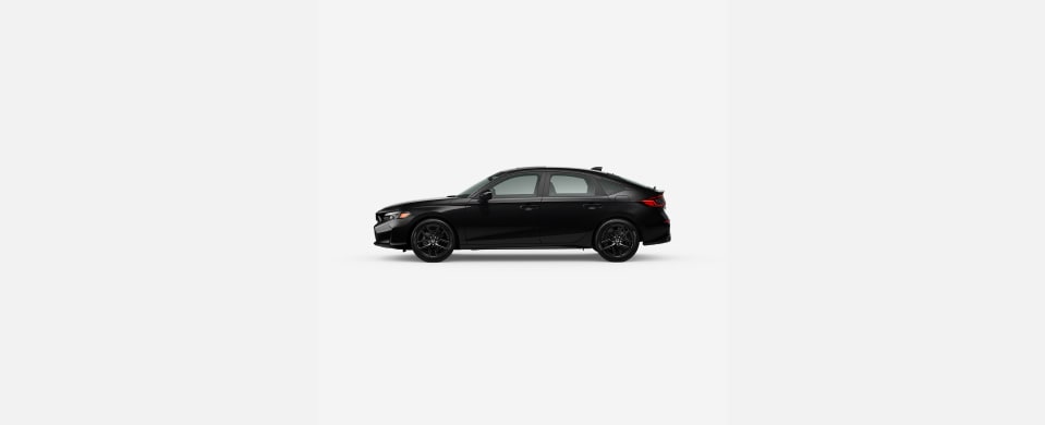 2026 Honda Civic Hatchback Sport Hybrid in Crystal Black Pearl profile parked in a clean white studio setting (Compact Hatchback).